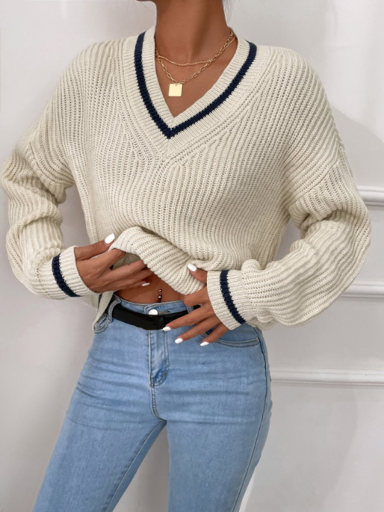 Frenchy Striped Trim Drop Shoulder Sweater