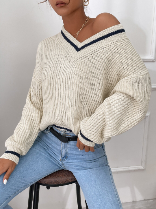 Frenchy Striped Trim Drop Shoulder Sweater