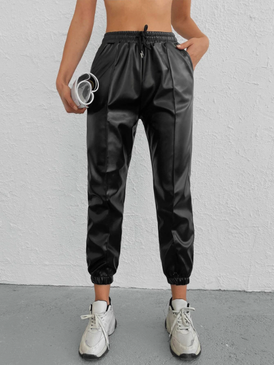 Drawstring Waist PU Pants