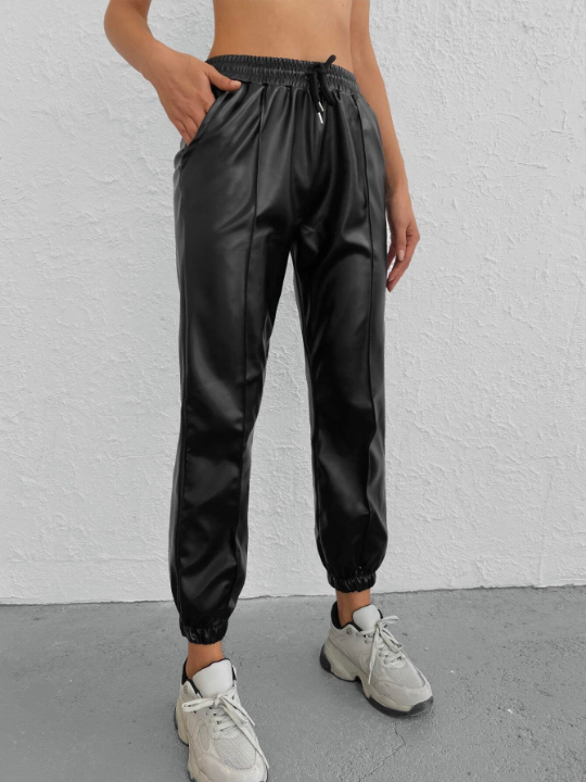 Drawstring Waist PU Pants