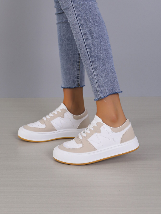 Women's Casual Sports Shoes, Fashionable Sneakers With Thick Soles, Low-cut Lace-up White Shoes, Suitable For Any Season