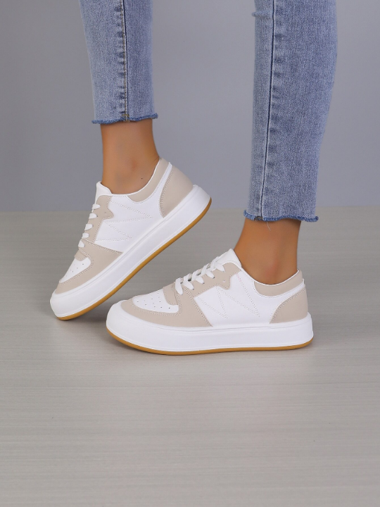 Women's Casual Sports Shoes, Fashionable Sneakers With Thick Soles, Low-cut Lace-up White Shoes, Suitable For Any Season