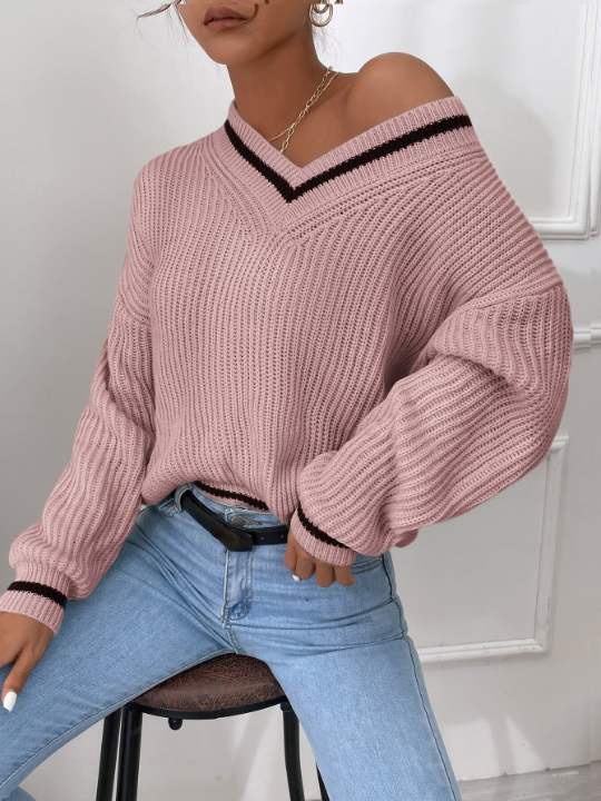 Frenchy Striped Trim Drop Shoulder Sweater