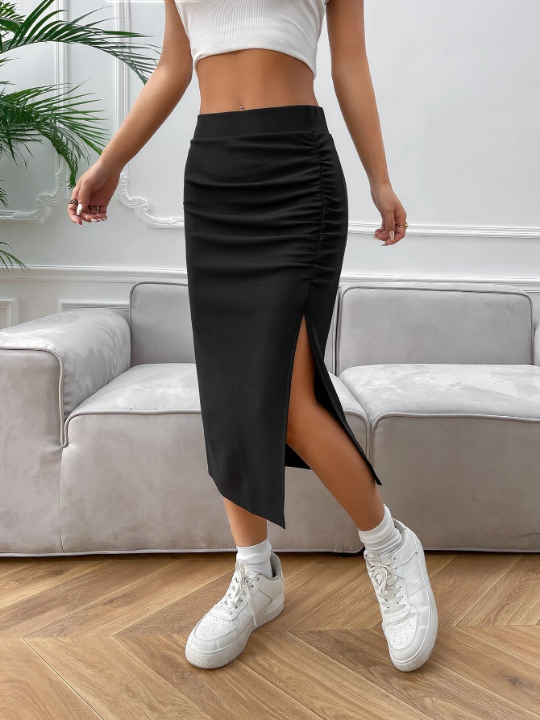 EZwear Ruched Split Thigh Black Skirt