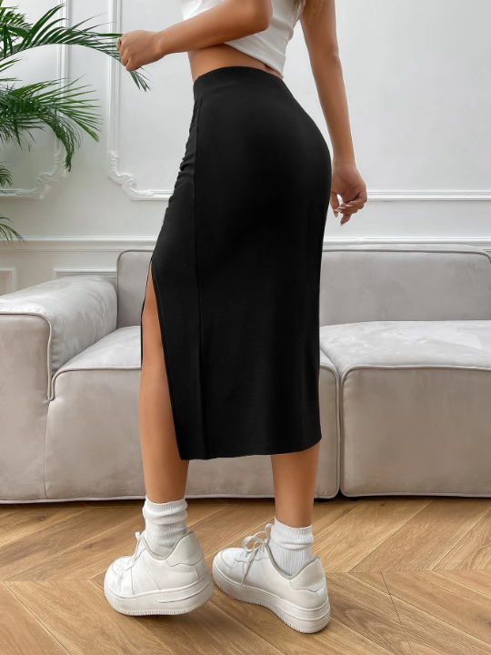 EZwear Ruched Split Thigh Black Skirt