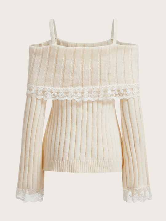 ROMWE Kawaii Contrast Lace Cold Shoulder Sweater