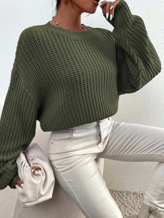 Frenchy Solid Ribbed Knit Drop Shoulder Sweater