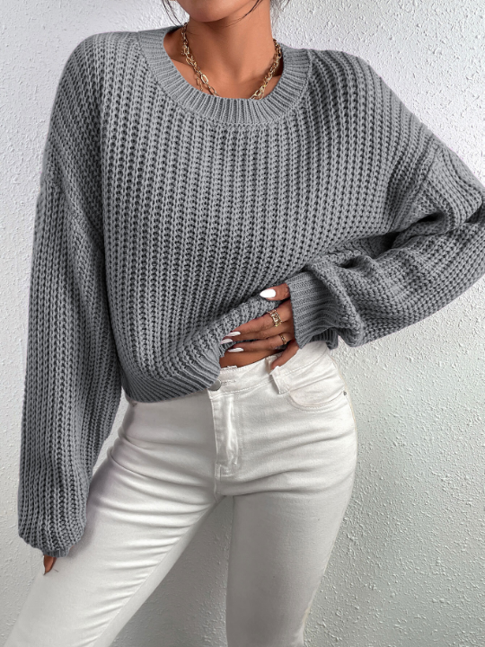 Frenchy Solid Ribbed Knit Drop Shoulder Sweater