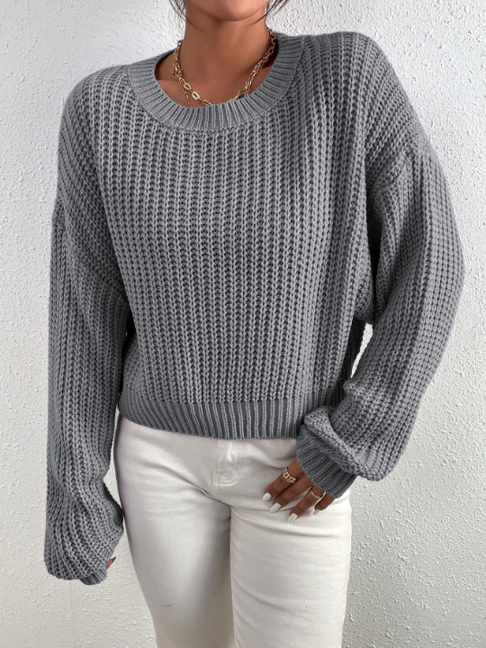 Frenchy Solid Ribbed Knit Drop Shoulder Sweater