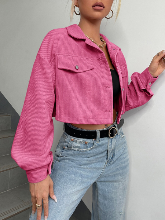 EZwear Drop Shoulder Flap Detail Crop Corduroy Jacket