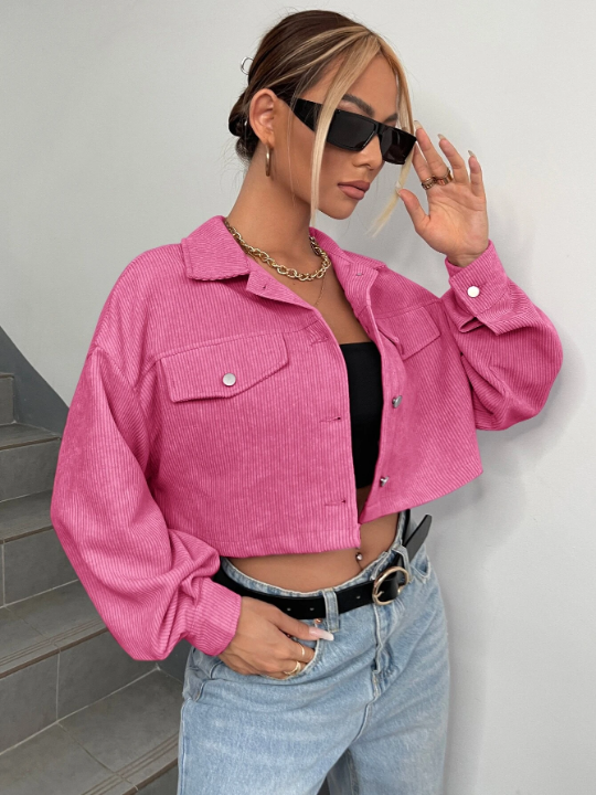 EZwear Drop Shoulder Flap Detail Crop Corduroy Jacket