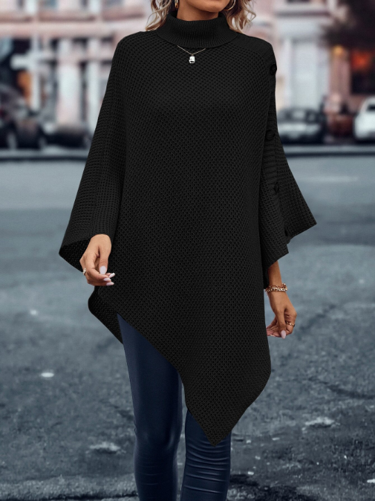 LUNE Turtleneck Batwing Sleeve Asymmetrical Hem Knit Poncho