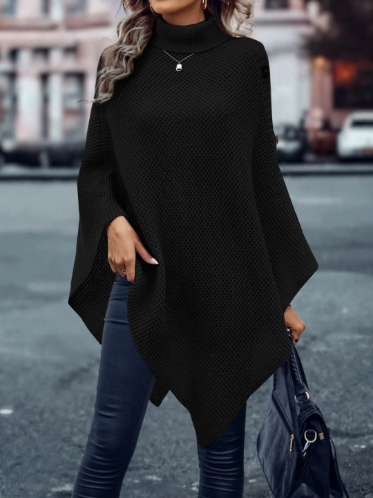 LUNE Turtleneck Batwing Sleeve Asymmetrical Hem Knit Poncho