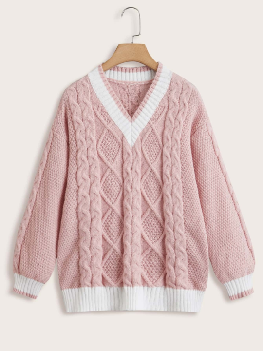 ROMWE Kawaii Cable Knit Contrast Trim Drop Shoulder Sweater