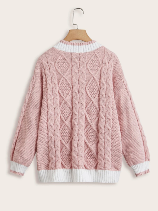 ROMWE Kawaii Cable Knit Contrast Trim Drop Shoulder Sweater