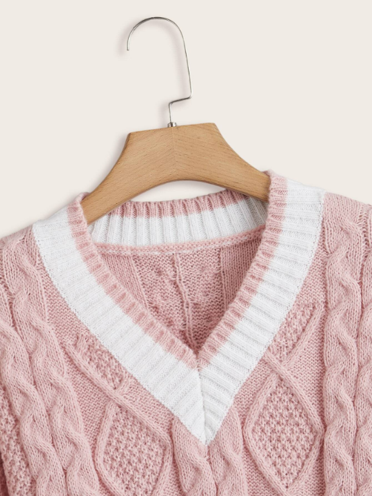 ROMWE Kawaii Cable Knit Contrast Trim Drop Shoulder Sweater