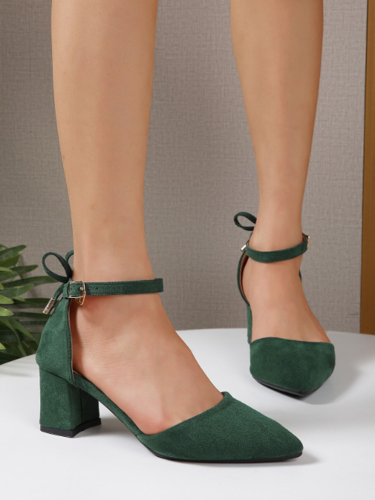 Faux Suede Point Toe Chunky Heeled Ankle Strap Pumps