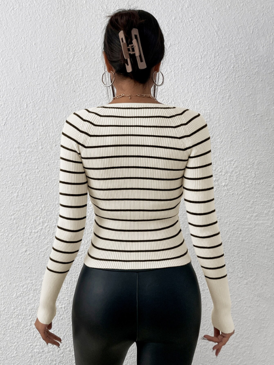 Frenchy Striped Pattern Sweetheart Neck Raglan Sleeve Tight Basic Sweater