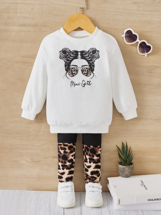Baby Girl Leopard And Figure Graphic Pullover & Leopard Leggings
