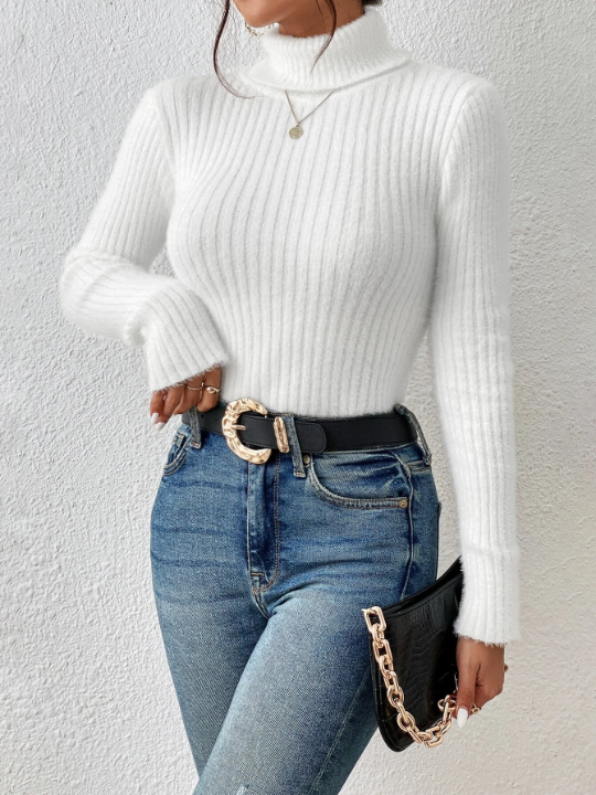 Frenchy Turtleneck Ribbed Knit Grain White Bodycon Sweater