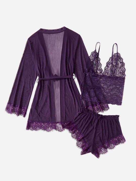 Classic Sexy 3pack Contrast Lace Mesh Lingerie Set & Robe & Belt