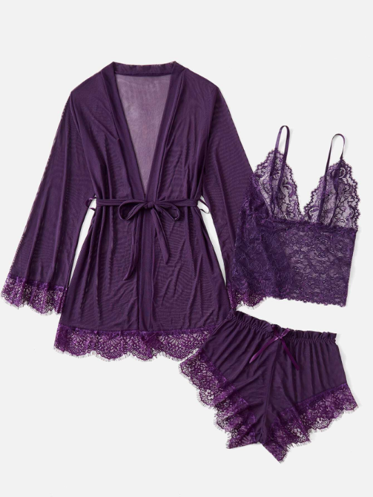 Classic Sexy 3pack Contrast Lace Mesh Lingerie Set & Robe & Belt