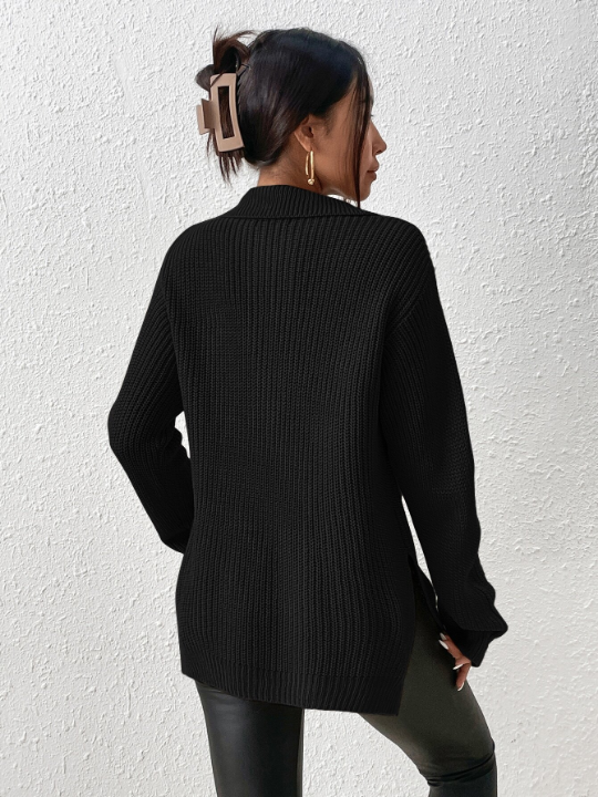 Frenchy Half Zip Drop Shoulder Grain Black Sweater