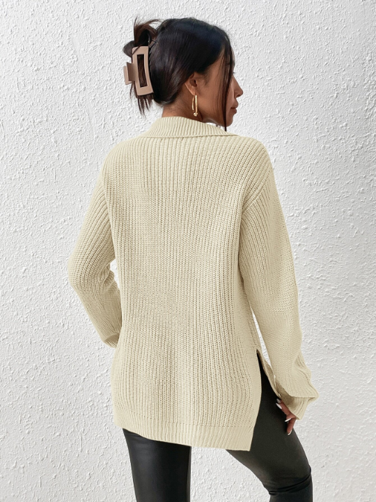 Frenchy Half Zip Split Hem Drop Grain Fabric Shoulder Sweater