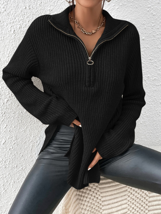 Frenchy Half Zip Drop Shoulder Grain Black Sweater