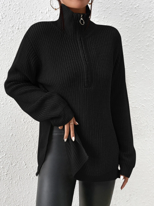 Frenchy Half Zip Drop Shoulder Grain Black Sweater