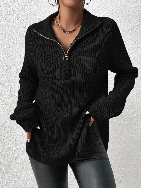 Frenchy Half Zip Drop Shoulder Grain Black Sweater