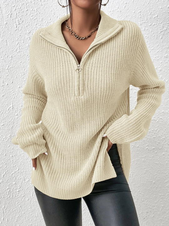 Frenchy Half Zip Split Hem Drop Grain Fabric Shoulder Sweater