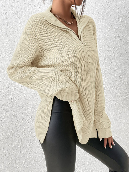 Frenchy Half Zip Split Hem Drop Grain Fabric Shoulder Sweater