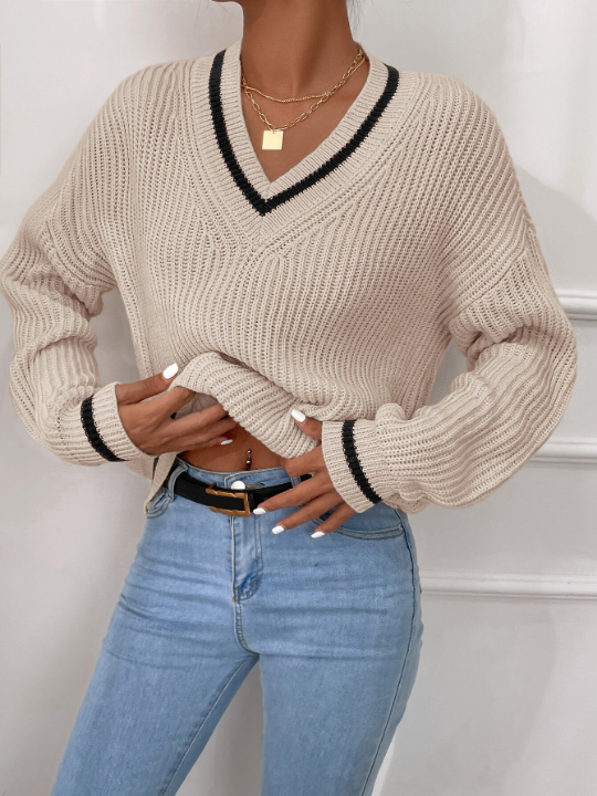 Frenchy Striped Trim Drop Shoulder Sweater