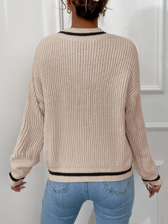 Frenchy Striped Trim Drop Shoulder Sweater