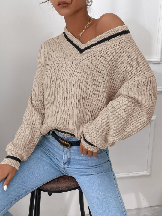 Frenchy Striped Trim Drop Shoulder Sweater