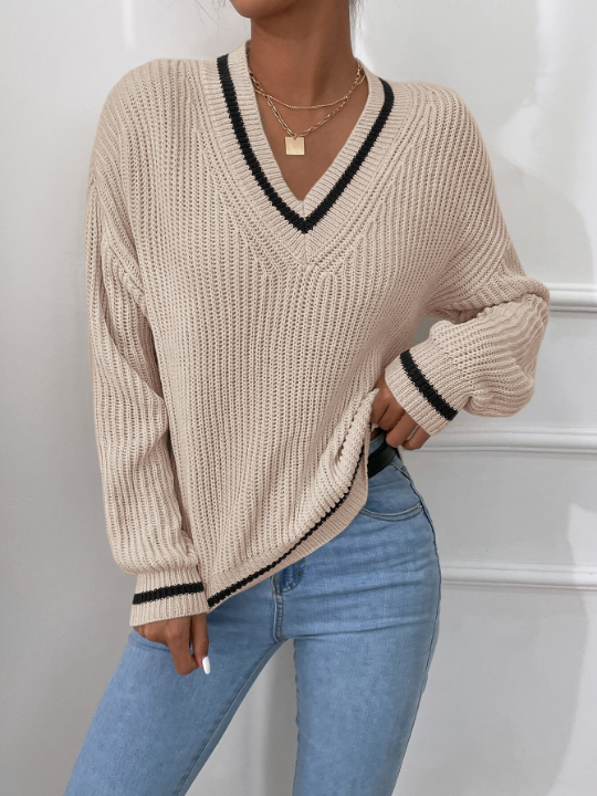 Frenchy Striped Trim Drop Shoulder Sweater