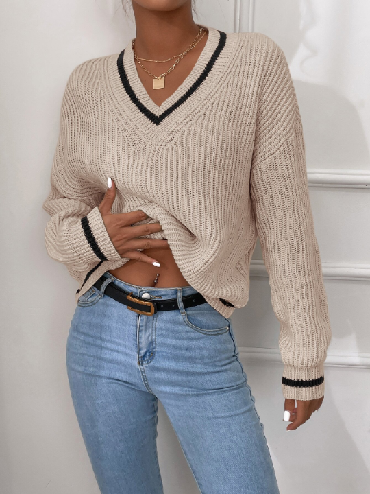 Frenchy Striped Trim Drop Shoulder Sweater