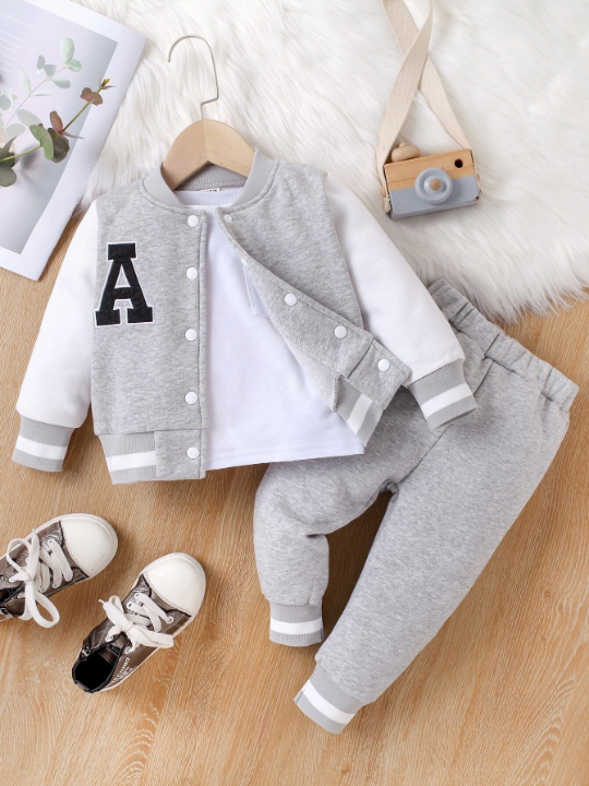 Baby Boy Letter Patched Thermal Lined Bomber Jacket & Sweatpants