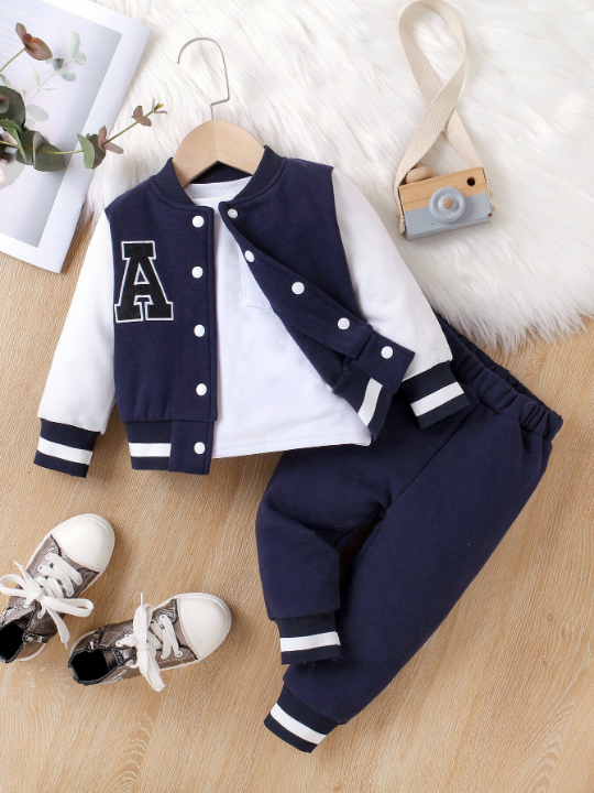 Baby Boy Letter Patched Varsity Jacket & Sweatpants Without Tee