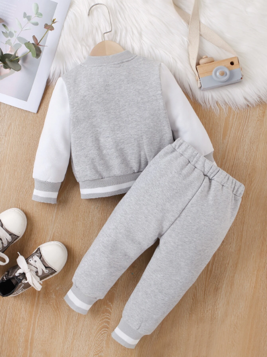 Baby Boy Letter Patched Thermal Lined Bomber Jacket & Sweatpants