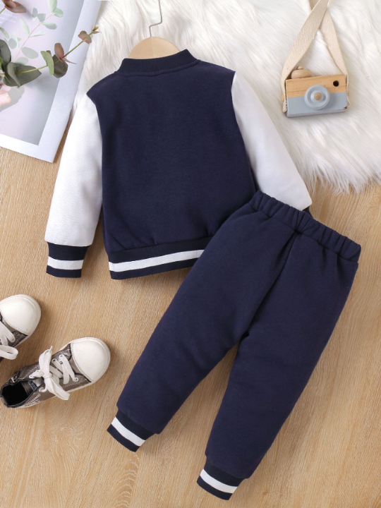 Baby Boy Letter Patched Varsity Jacket & Sweatpants Without Tee