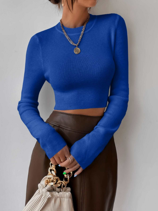 Frenchy Solid Ribbed Knit Crop Sweater