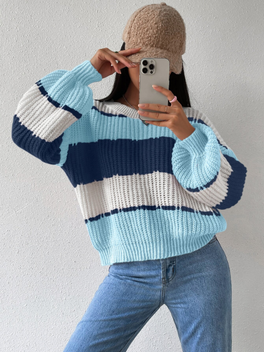 Essnce Colorblock Rib-knit Drop Shoulder Sweater