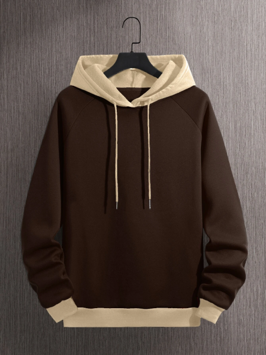 Men Colorblock Thermal Lined Raglan Sleeve Drawstring Hoodie