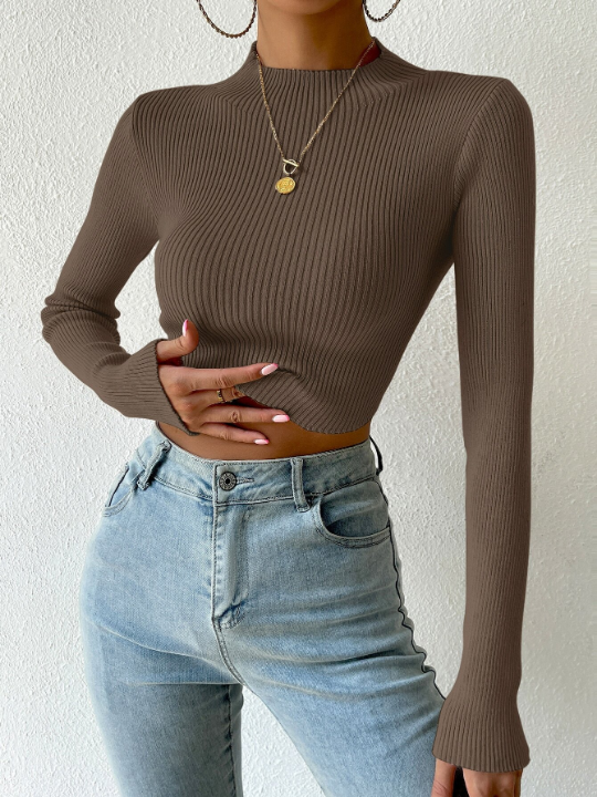 Priv Mock Neck Rib-knit Crop Sweater