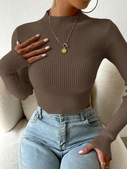 Priv Mock Neck Rib-knit Crop Sweater