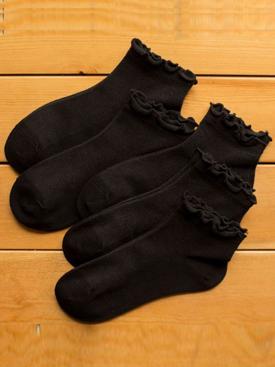 5pairs Solid Frill Trim Crew Socks