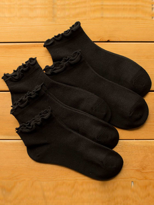 5pairs Solid Frill Trim Crew Socks