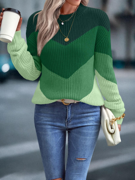 LUNE Color Block Chevron Pattern Drop Shoulder Sweater